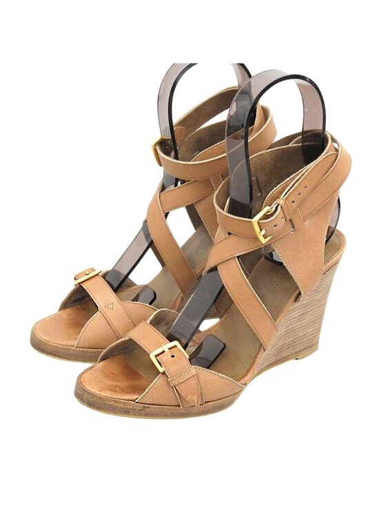 Hermes Shoes - Hermes Wedge Sole Strap Leather Sandals Shoes Brown to